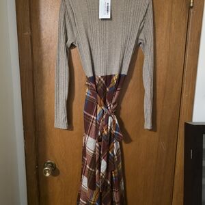 Plaid Knit Dress with Tie Waist